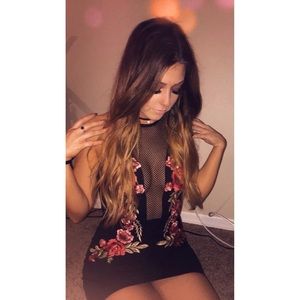 Floral Netted Plunge Mini Dress